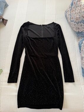 Black Velvet Long-Sleeve Mini Dress with Stud Detail